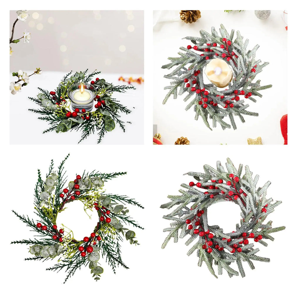 Christmas Candle Ring Decorative Rustic Artificial Red Berries Garland Candle Holder for Festival Living Room Decoration Quake