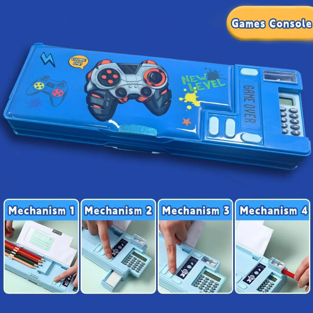 Plastic Pencil Case Fun Mechanism Design Double Sided Use Stationery Storage Box Large Capacity With Calculator/Pencil Sharpener Quake Games Console