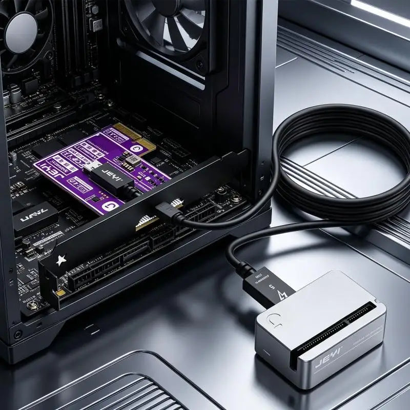 PCIE4.0 Extension with a Cable-Linked External Enclosure for Positioning Compatible Devices Outside a Desktop Case K1KF Quake
