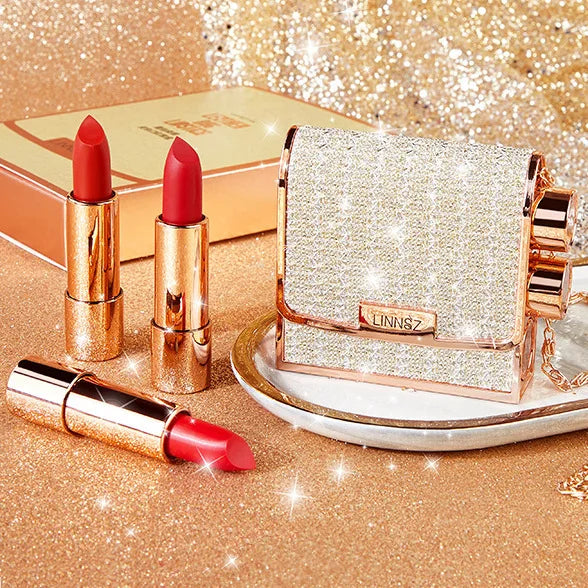 Matte Lipstick Set 3 Colours with Silver Chain Bag Waterproof Non-Stick Long Lasting Red 3.5gx3pcs Quake
