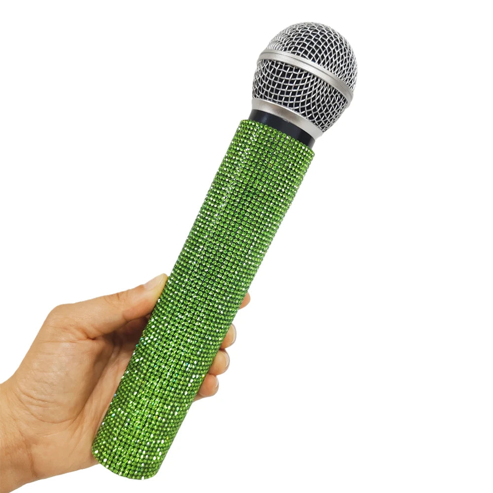 Rhinestone Simulation Microphone Props Colorful Plastic Fake Mic Decoration Ornaments For Home Bar Party Photography Cosplay Quake ligth green