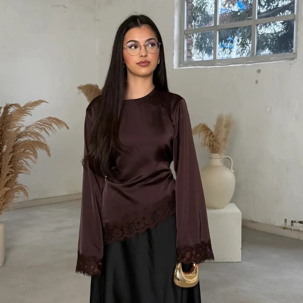 Fashion Belted Waist Lace Patchwork Top Asymmetrical Design Solid Color Lace-up Top Elegant Irregular Hemline Long Sleeves Women Quake Brown L