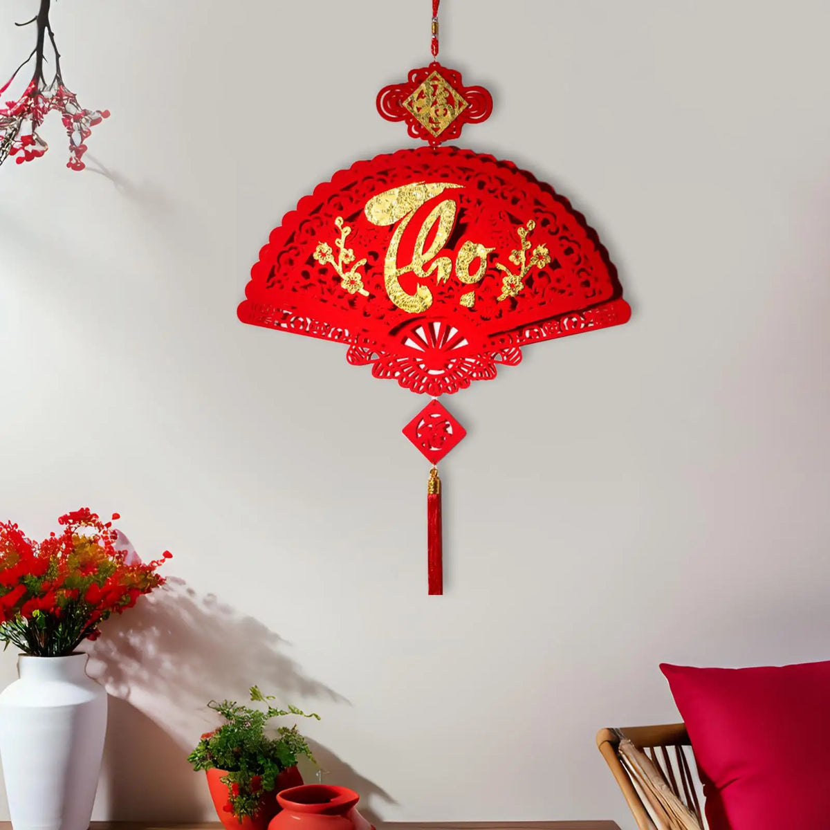 Blessing Tassle Red Paper Fan Hanging Ornament Party Decoration for Vietnamese New Year Festival Decor Quake Style C