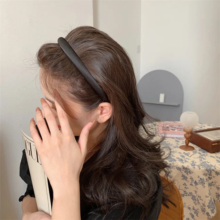 Satin Thin Edge Sponge Headband Women's Pure Color High Skull Top Hair Accessories Headband New Arrival Quake