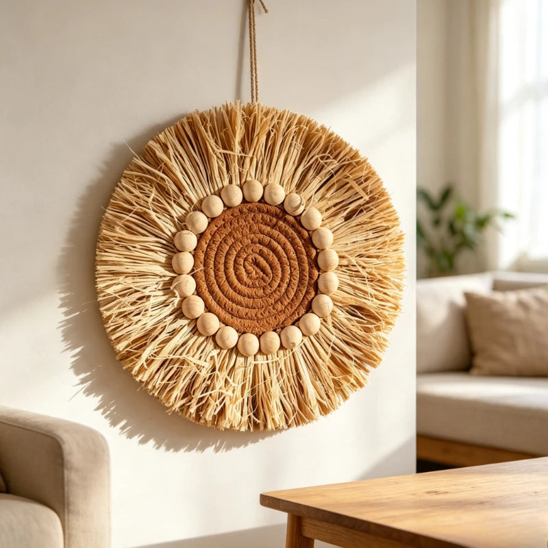 Hand‑Woven Straw Wall Hanging Boho Round Wicker Wall Decor Rustic Tapestry Ornament for Home Living Room Entryway Quake