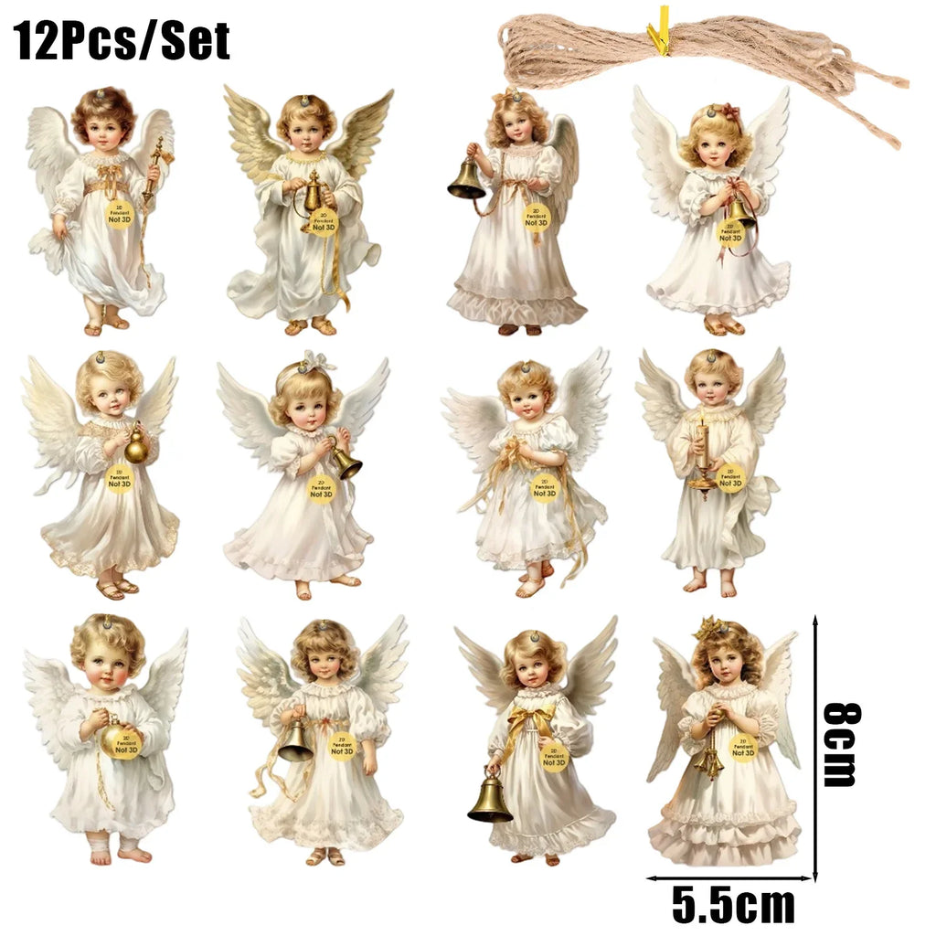 60/12PCS Vintage Angel Wooden Pendants with Rope DIY Christmas Tree Hanging Ornament Christmas Holiday Home Party Decor Supplies Quake Style A 1Set (12PCS)