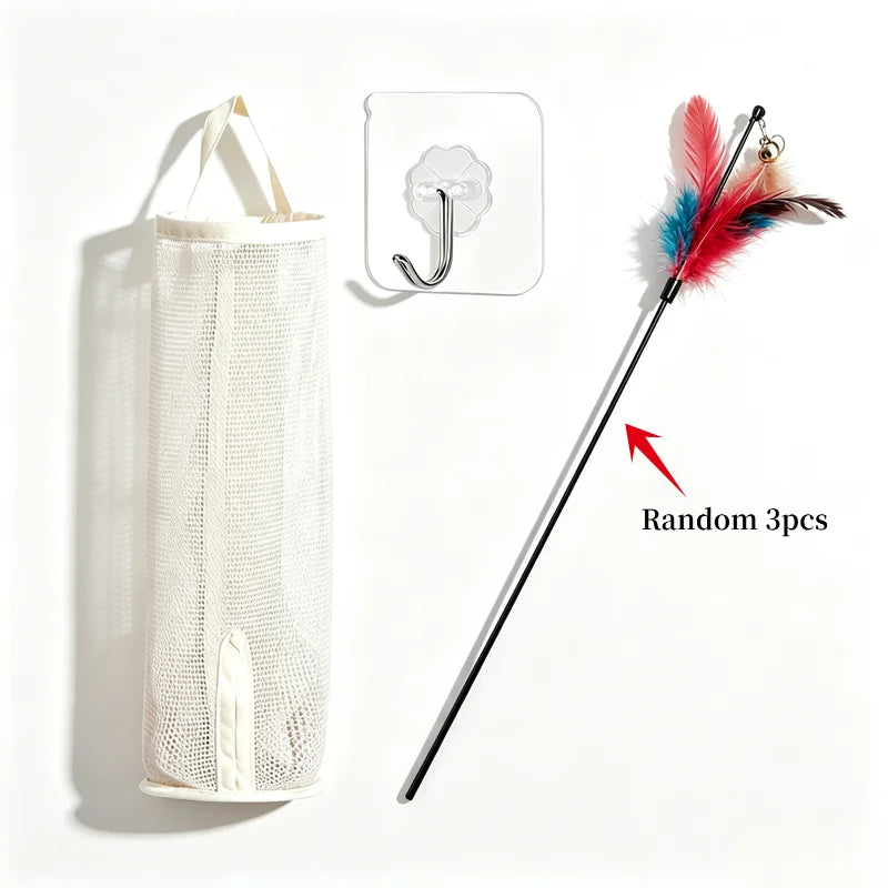 Cat Teaser Wand Toy Set With Mesh Hanging Storage Bag Self Adhesive Hook Interactive Kitten Feather Wand Organizer Kit Quake Set A