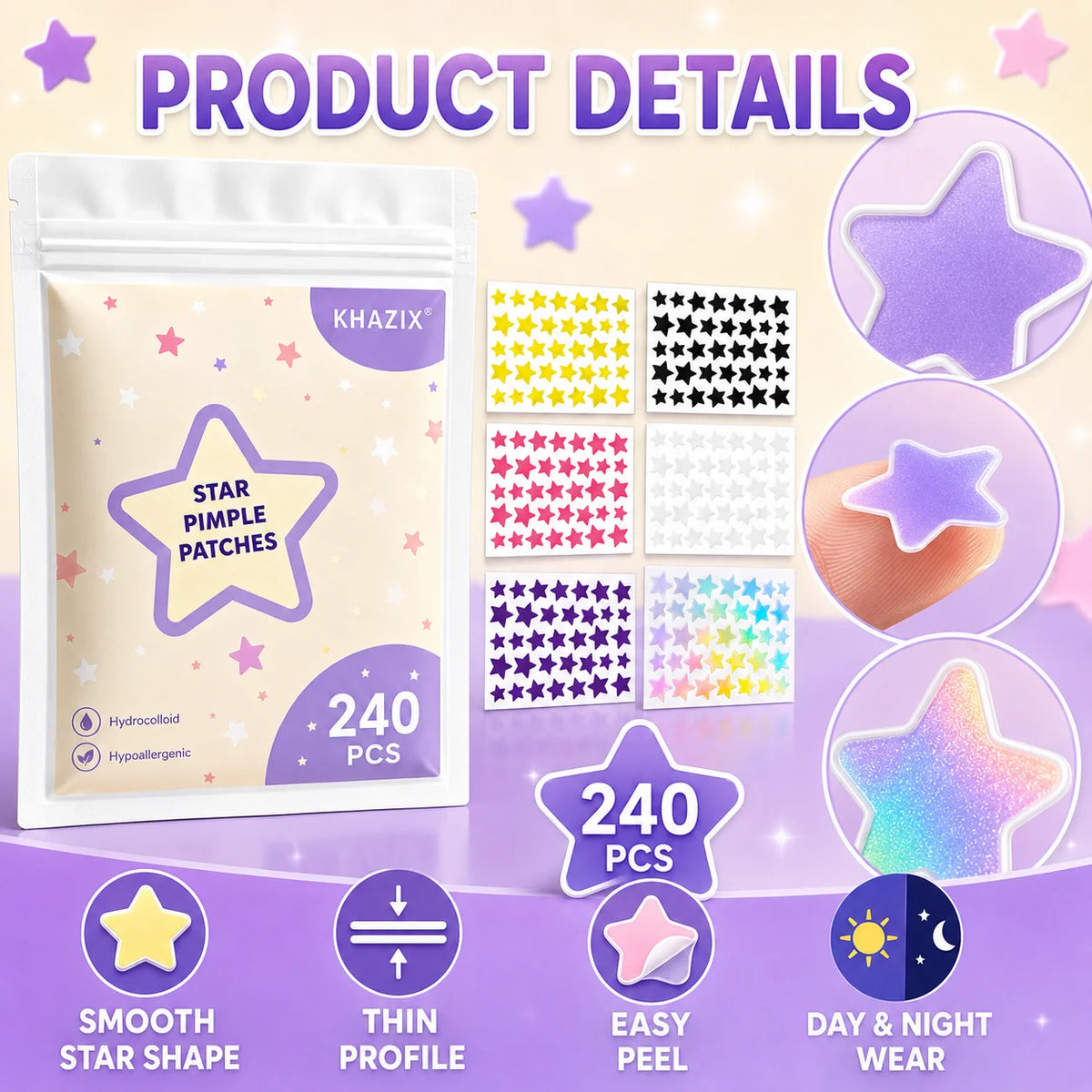 240pcs Star Pimple Patches For Face Hydrocolloid, Absorbing Cover, Tea Tree, Hydrocolloid Acne Patch, Cute Star Pimple Quake