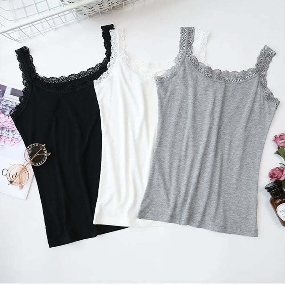 Casual U Neck Summer Tank Tops Sleeveless Slim Fitted Tops With Lace Underwear Cami Top Shirt for Women Quake