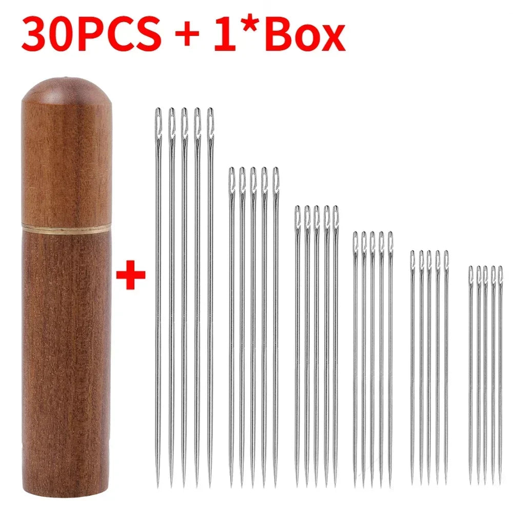 Side Hole Blind Sewing Needles Stainless Steel Elderly Needles Hand Sewing Stitching Pin DIY Home Self Threading Needle with Thi Quake 30PCS Rosewood Box