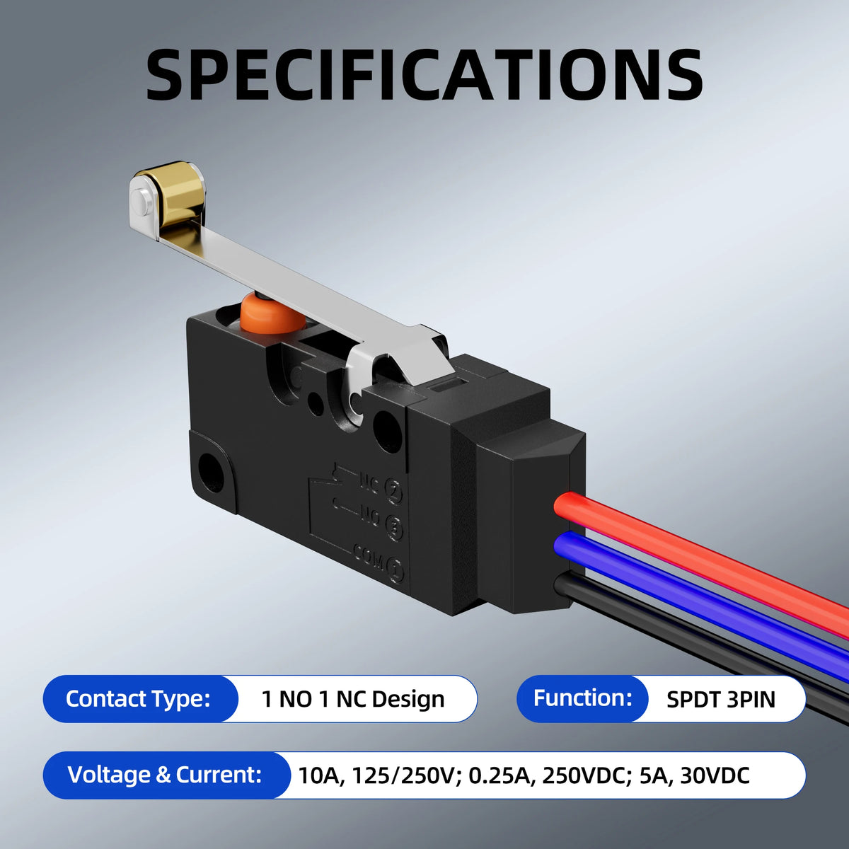 2PCS Waterproof Micro Limit Switch with Long Straight Roller Lever SPDT 3 PIN Pre-wired 10A 125 250V Micorswitch for Electronic Quake