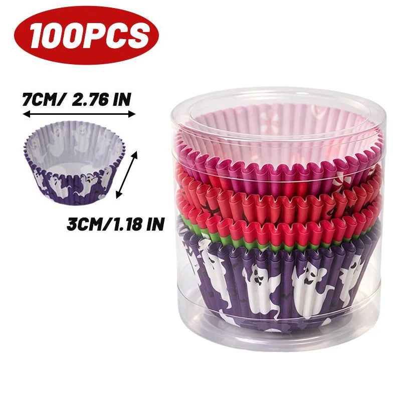 100PCS Halloween Cupcake Wrappers Toppers Pumpkin Ghost Cupcake Wrap Liners Halloween Party Dessert Cake Decoration Baking Cup Quake Random