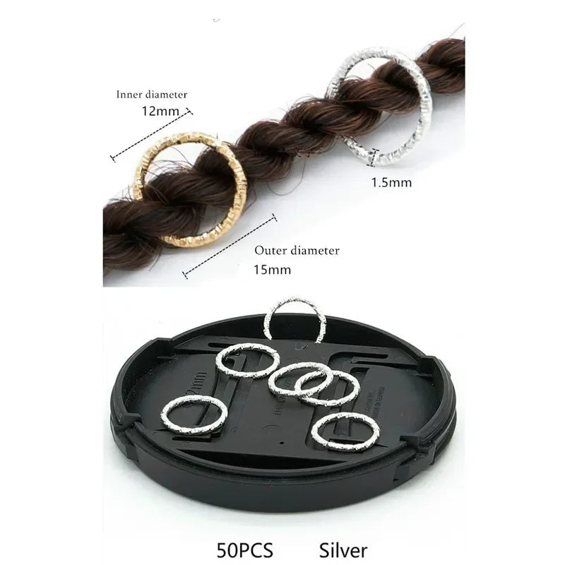50Pcs Mix Color Hair Braids Dreadlock Beads Hair Cuffs Rings Tube Accessories Opening Hoop Circle 14-18mm Inner Hole Hair Rings Quake 50pcs 18mm NO.7