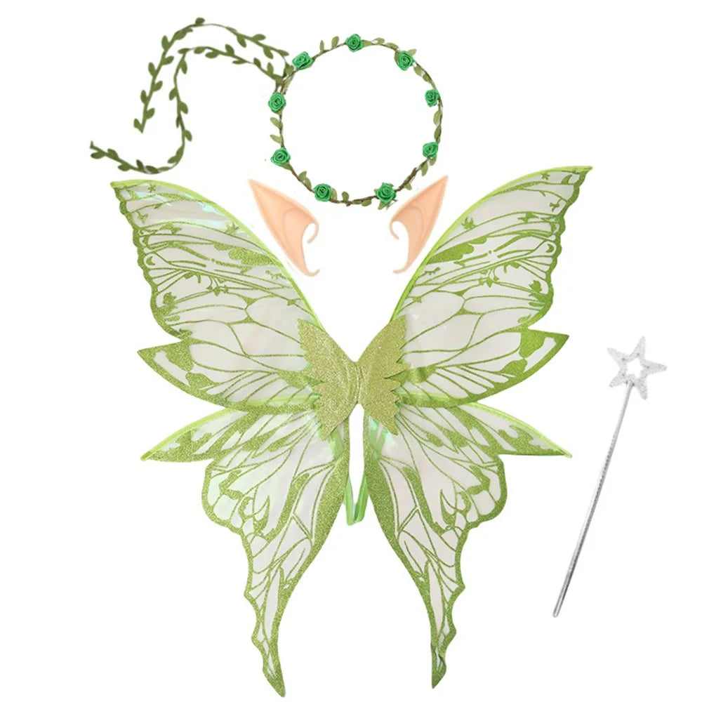 Flower Crown Fairy Costume Set Star Wand Gold Foil Fairy Butterfly Wings Dress-Up Elf Ears Sparkling Angel Wings for Kids Adults Quake Green