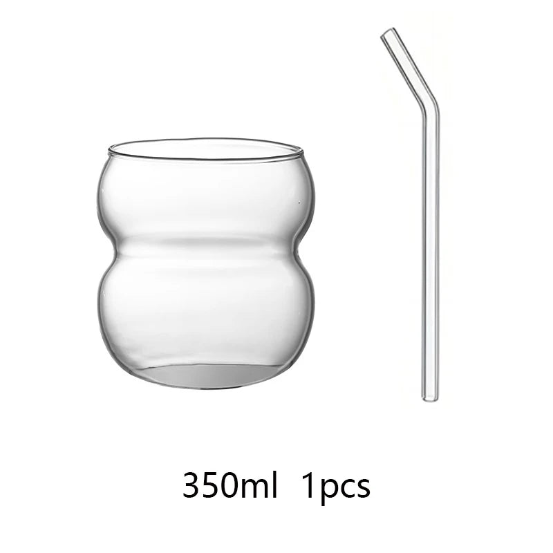 YWDL Transparent Glass Cup with Straw 350/550ml Cold Coffee Dessert Juice Milk Drinkware Mug Party Cocktail Teacup Quake 350ml 1pcs 350-550ml