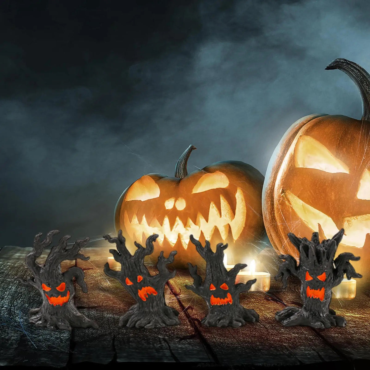 4 Pieces Halloween Decoration Halloween Tree Creative Resin Ghosts Cute Ornaments Spooky Tree for Patio Shelf Tabletop Porch Quake