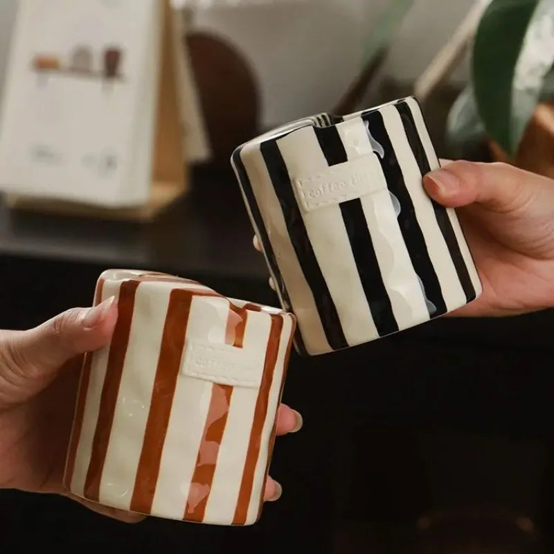 Modern Striped Ceramic Coffee Cup Hand Painted Simple Flower Tea Cup Home Breakfast Milk Mug Couple Mug Birthday Gift Home Decor Quake