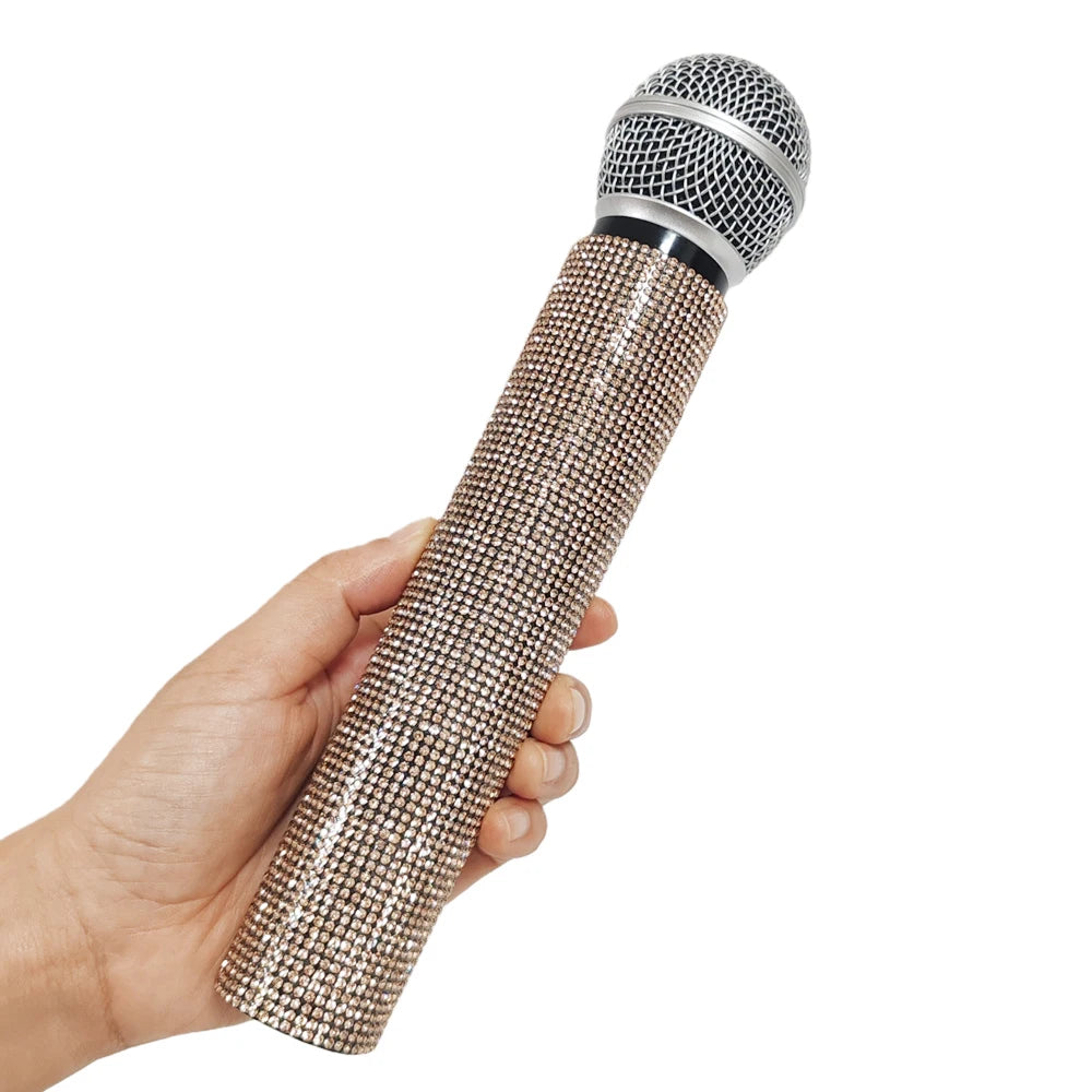 Rhinestone Simulation Microphone Props Colorful Plastic Fake Mic Decoration Ornaments For Home Bar Party Photography Cosplay Quake Champagne Gold