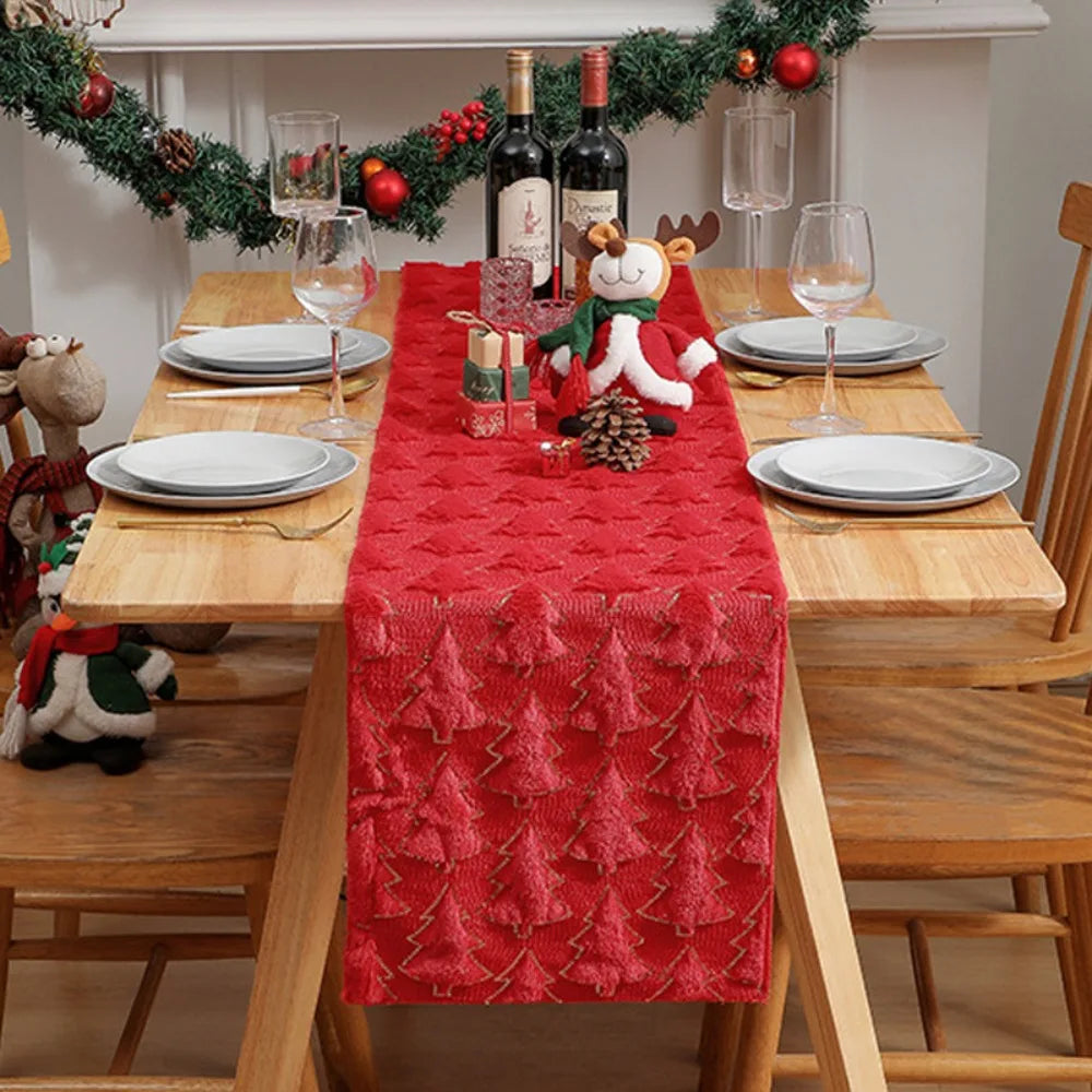 Christmas Plush Table Runner 3D Xmas Tree Pattern Tablecloth New Year Dinner Table Cloth Cover Home Festival Party Decorations Quake