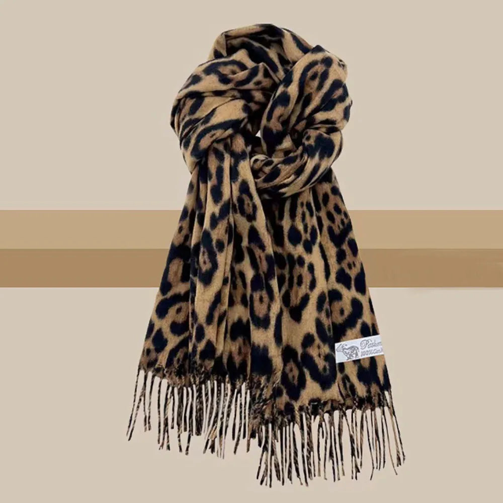 Korean Leopard Tassels Shawl Imitation Cashmere Windproof Foulard Pashmina Hijabs Thickened Winter Warm Scarf Neck Warmer Quake Coffee