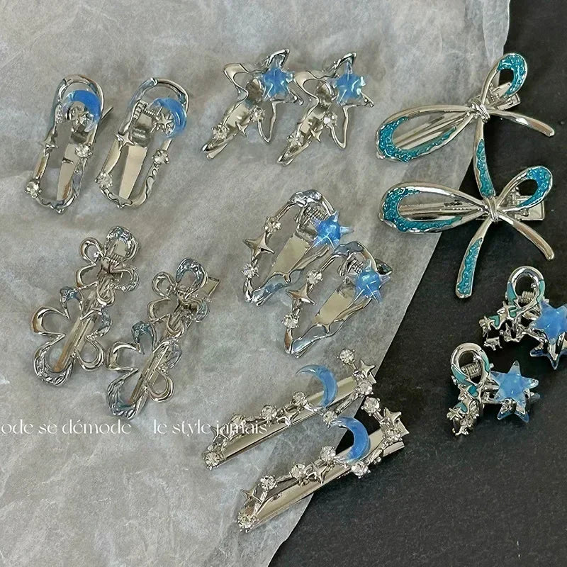 Y2K Blue Silver Alloy Hair Clip Korean Simple Girls Blue Rhinestone Star Metal Duckbill Clip Bangs Side Clip Hair Accessories Quake