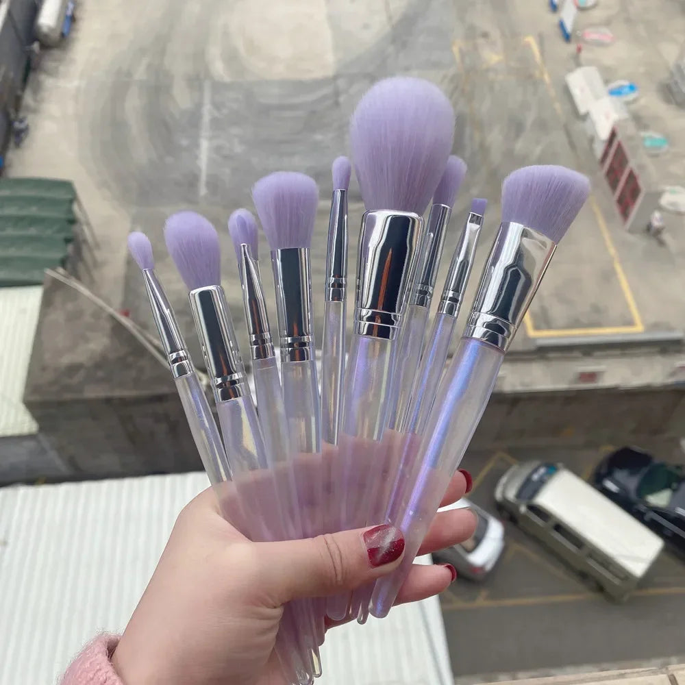 10pcs Crystal Handle Purple Makeup Brush with Makeup Bag Eye Shadow Loose Powder Foundation Sculpting Highlighter Eyebrow Brush Quake