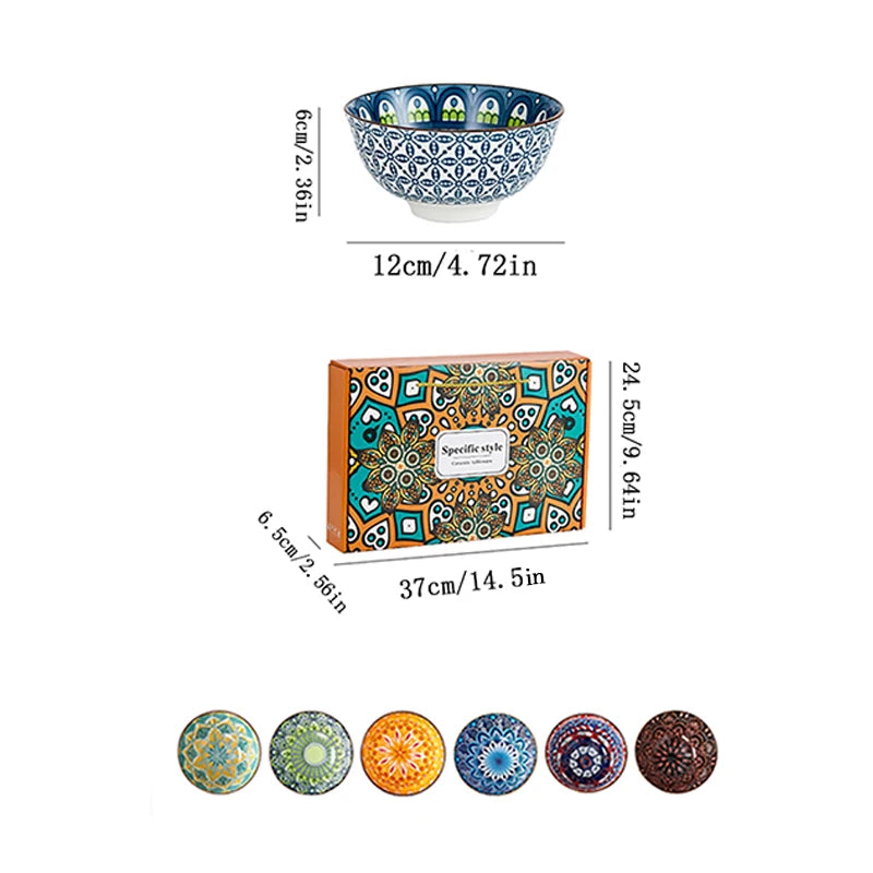 6-Piece Bohemian Mandala Ceramic Bowls - Dishwasher & Microwave Safe, Perfect for Cereal, Soup, Pasta, Salad, Ice Cream Bowls Quake