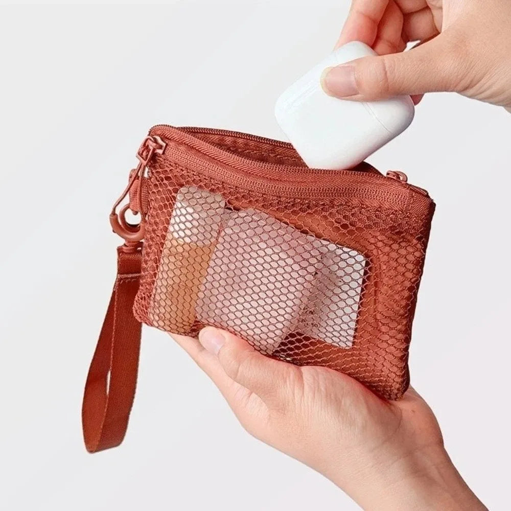 Lightweight Mesh Storage Bag Polyester Solid Color Toiletry Bag With Zipper Multifunctional Cosmetic Bag Toiletry Storage Quake Orange-red-S