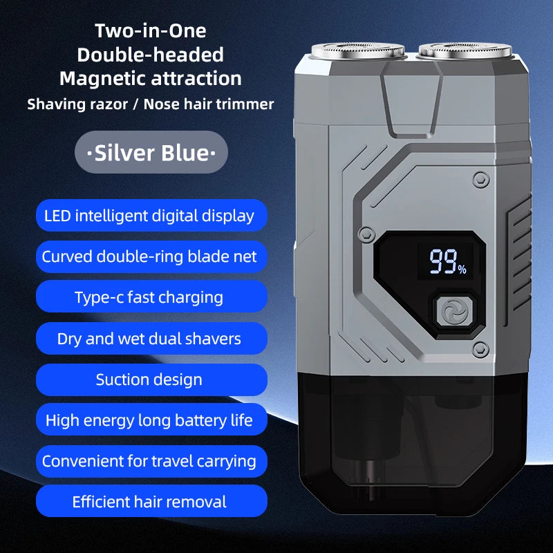 Magnetic Double Blade Electric Shaver for Men Mecha Punk Style Rechargeable LCD Quake Sliver