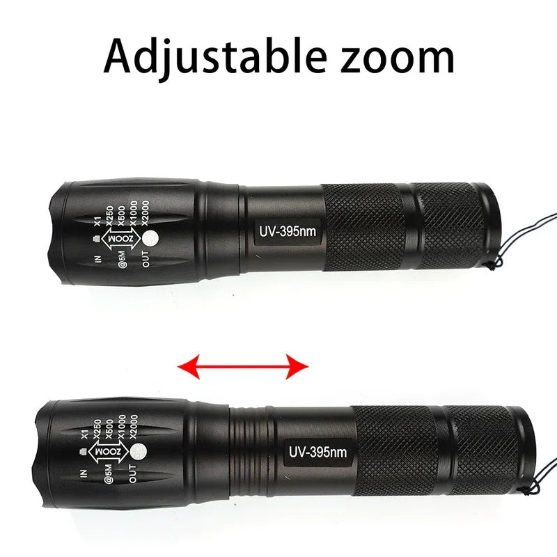 LED Flashlight Ultraviolet White Lamp Double Lamp Retractable Zoom Flashlight Fluorescence Detection Currency Check Light VCK Quake