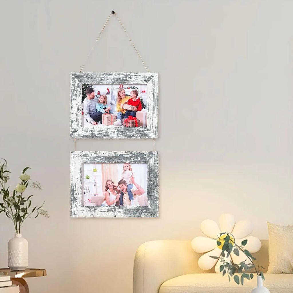 Wall Hanging Picture Frame with Rope Easily Install Decorative Rustic Ornament Photo Frame 4x6 for Room Bedroom Quake