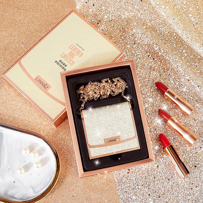 3pcs Velvet Lipstick with Chain Bag Gift Waterproof Non-Stick Long-Lasting Rotating Lipstick Makeup Set for Valentine's Day Gift Quake