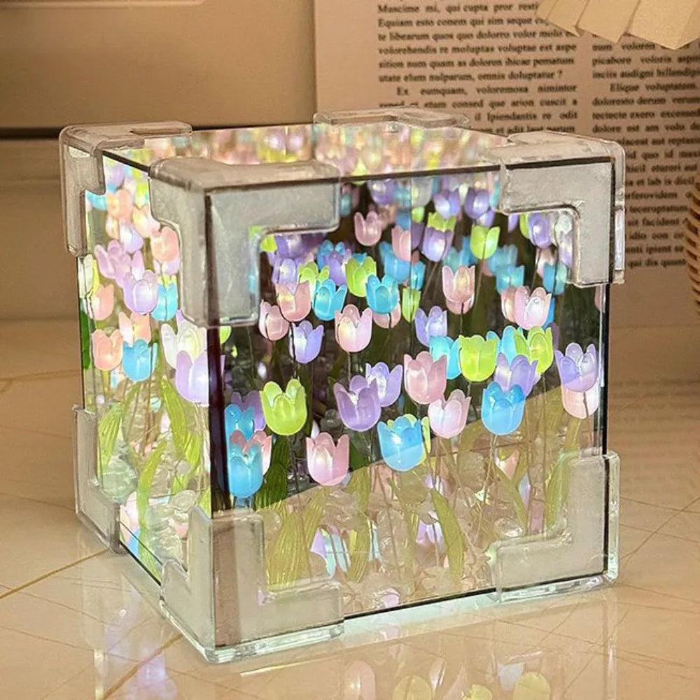 Excluding Gift Bags Tulip Night Light Acrylic 21 Flowers Tulips Flower Table Lamp Magic Cube Handmade DIY Mirror Light Quake Rainbow