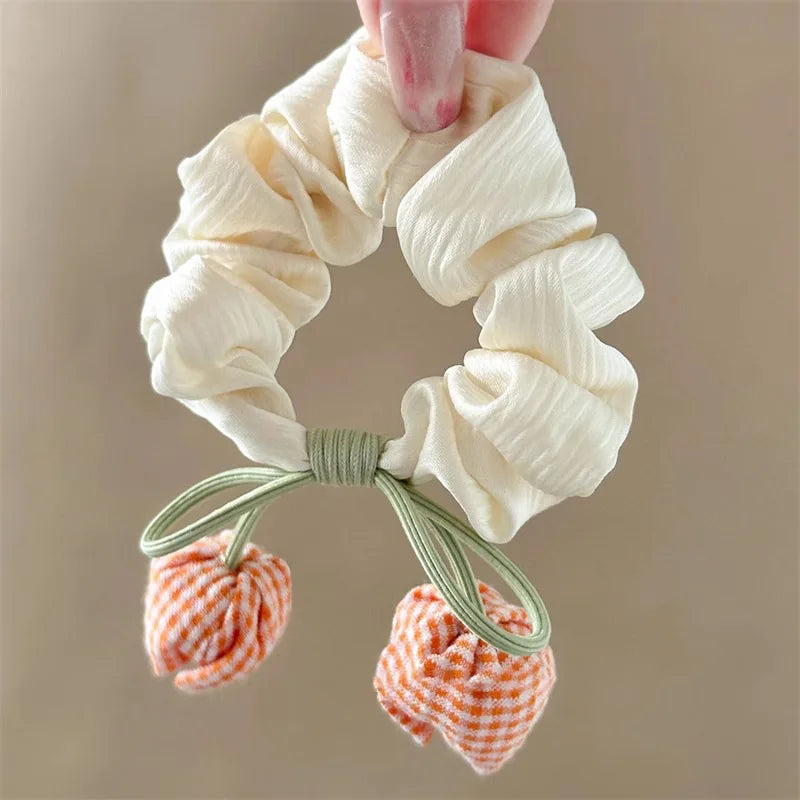 Cream White Pink Tulip Flower Hair Scunchies Satin Bow Hairbands Sweet Cute Ponytail Holder Hair Ropes Hair Styling Accessories Quake