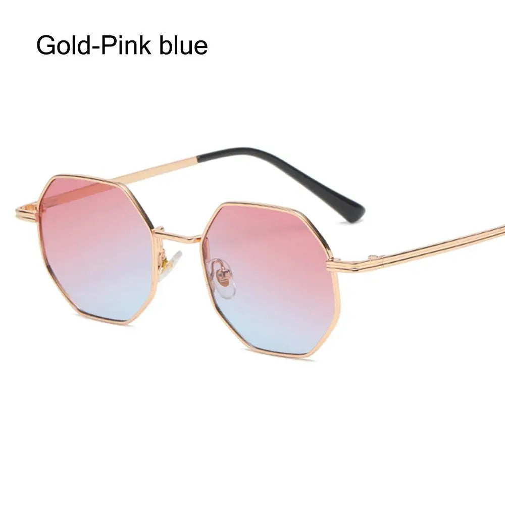 Summer UV Protection Sunglasses Fashion Polygon Sun Glasses for Women Men Trendy Classic Metal Frame Shades Eyewear Quake Gold-Pink blue