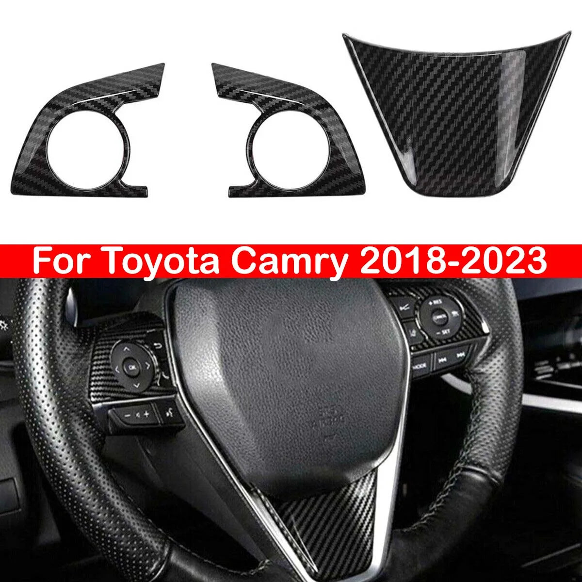 For Toyota Camry 2018-2023 ABS Carbon Fiber Style Interior Car Steering Wheel Cover Trim Frame Button Panel Sticker Decoration Quake Default Title