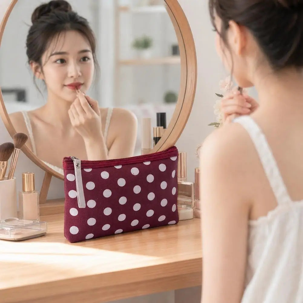Portable Small Cute Polka Dot Canvas Makeup Bag for Women Girls Simple Travel Lipsticks Organizer Cosmetic Pouch with Zipper Quake