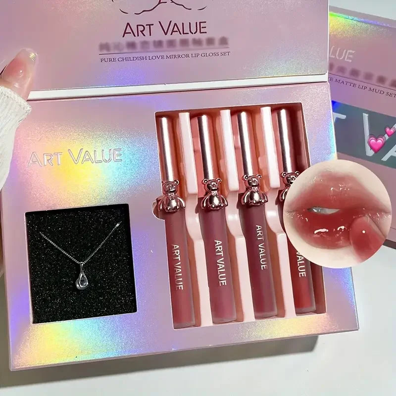 Cute Bear Lip Mud Necklace Set Gift Box,Matte Mirror Lipstick Non-Stick Cup,Ideal Jewelry and Makeup Set,Birthday Gift for Girls Quake