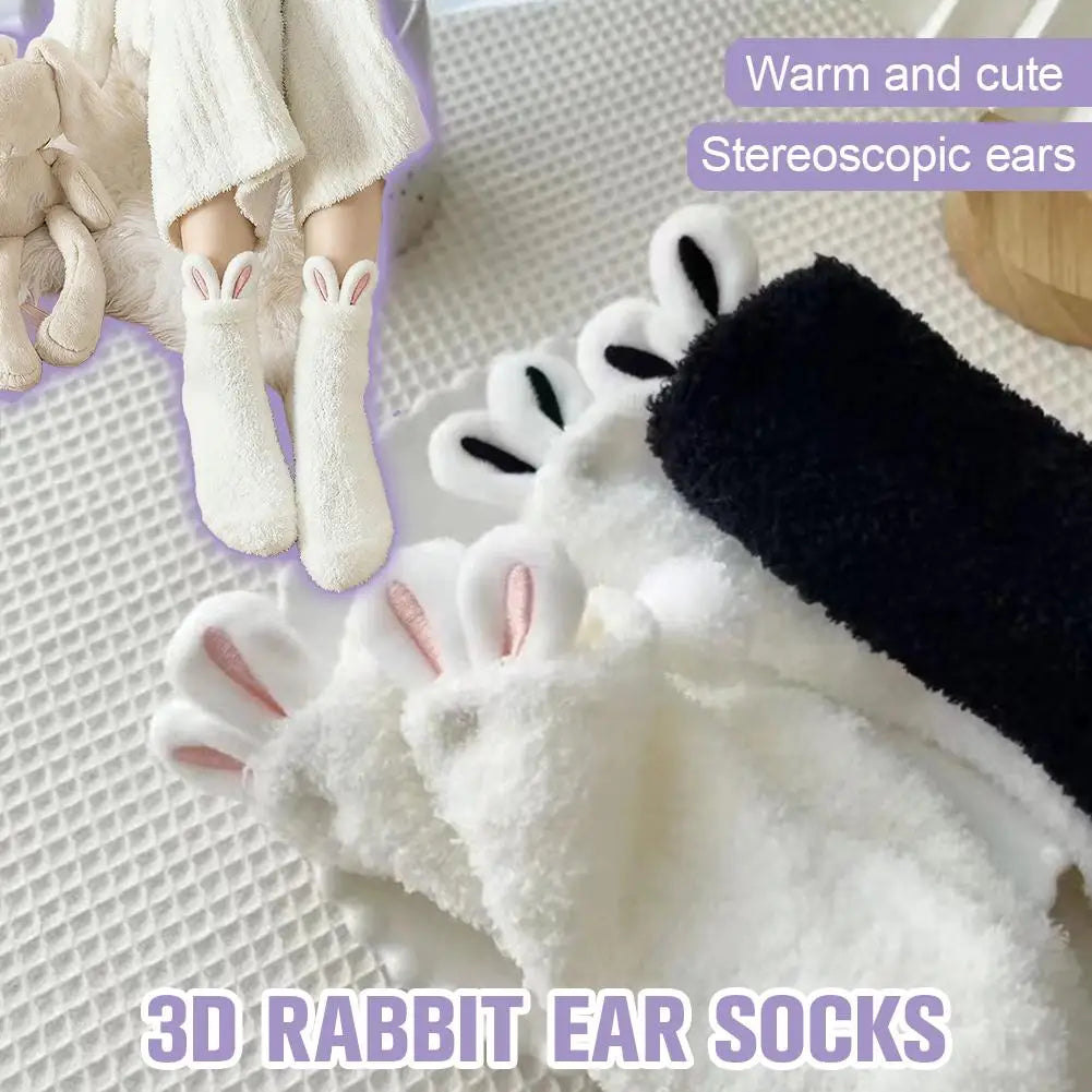 Women's Cartoon Cute Soft Three-dimensional Cute Rabbit Ears Coral Velvet Mid-tube Winter Thicken Lolita Home Warm Sleeping Sock Quake