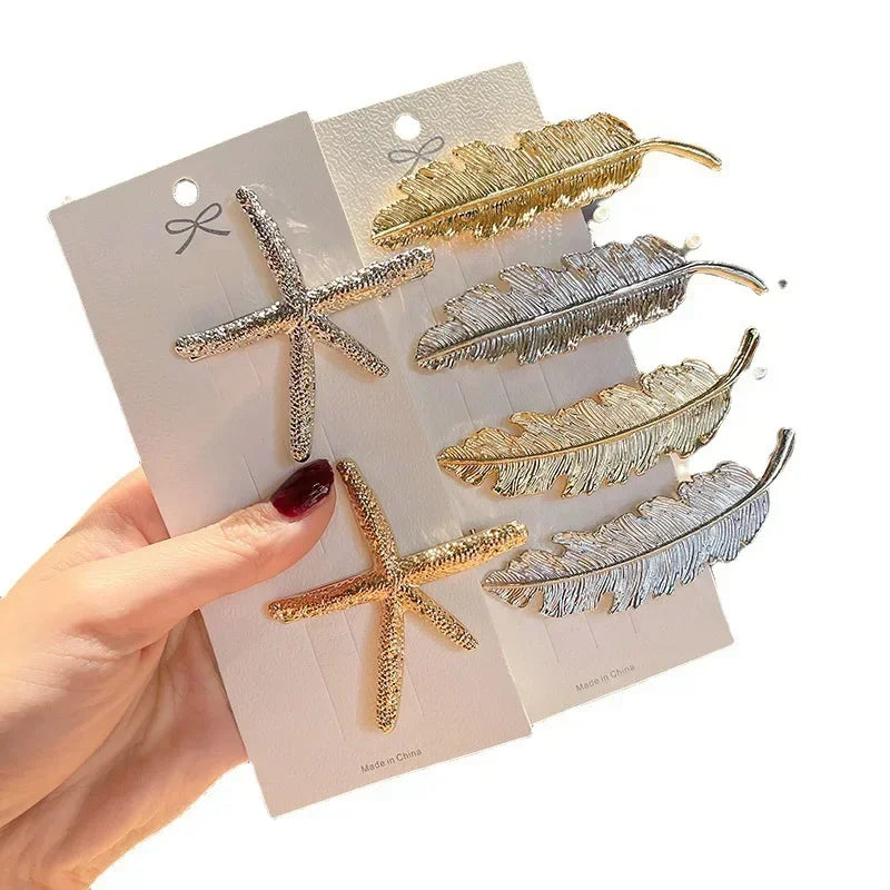 Vintage Elegant Hair Side Clip Feather Leaf Shape Barrette Metal Hairpins Women Girls Duckbill Clip Headwear Hair Accessories Quake