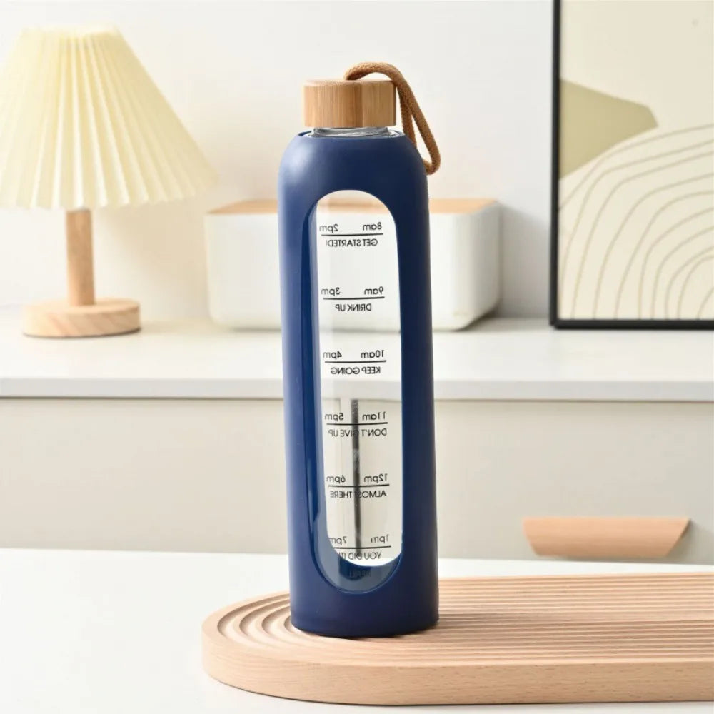 Trendy Time-marked Glass Water Bottles Bamboo Lid Sport Silicone Sleeve Drink Bottle Free of Lead Sports Water Cup Quake blue 1.0L