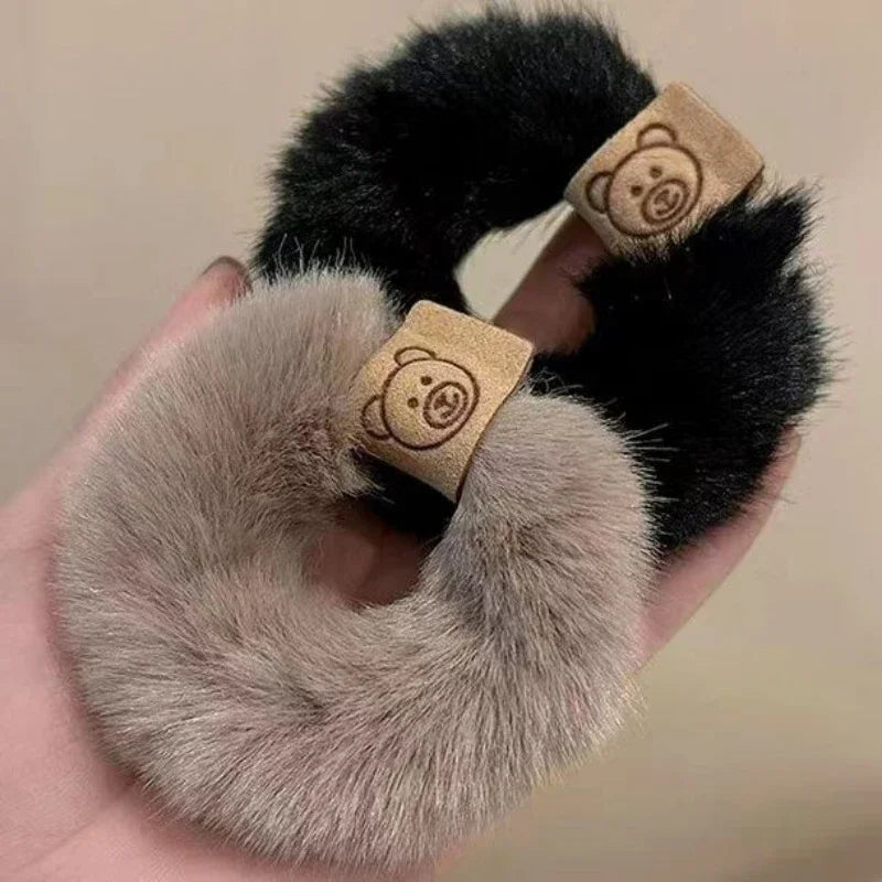 2023 New Soft Plush Hair Rope Korean Thick High Elastic Bear Hairband Braiding Hair Accessories Ponytail Headwear Scrunchies Quake