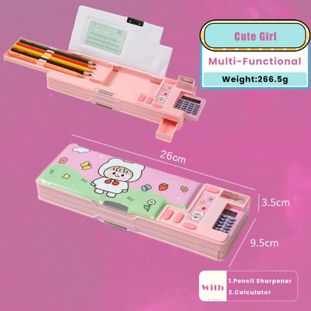 Plastic Pencil Case Fun Mechanism Design Double Sided Use Stationery Storage Box Large Capacity With Calculator/Pencil Sharpener Quake Pink Cute Girl