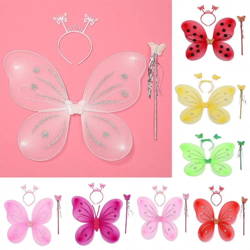 3Pcs/Set Kids Headband Wings Wand Girls Summer Photography Outfit Children Yellow Green Purple Pink Fairy Tale Props Quake