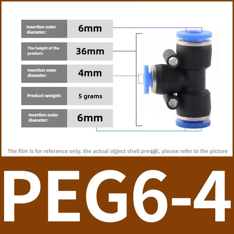 PEG Pneumatic Air Connector Quick Fitting Tee Reducer 3 Way T-shaped Plastic Pipe Hose Connector 6-4/8-6/10-8/10-6/12-8/12-10 Quake PEG6-4 3pcs