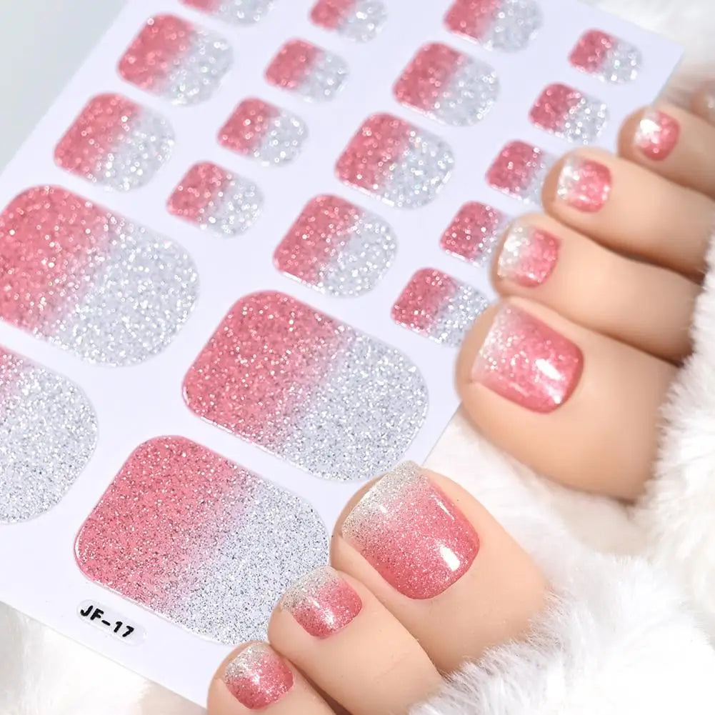 1sheet Glitter Toe Nail Wraps Solid Color Self-Adhesive Toe Nail Decals Strips 22tips Full Nail Polish Strips Summer Toe Decora Quake
