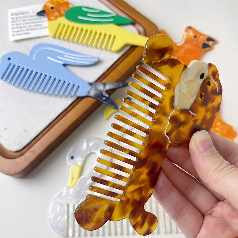 Acetic Acid Wide Tooth Comb Cute Cartoon Animal Detangling Hair Brush Dog Swan Pattern Small Pocket Comb Salon Hair Accessories Quake