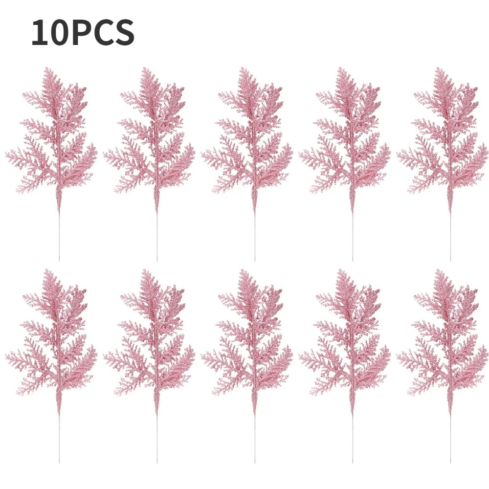 10/5Pcs Artificial Plants Pine Branches Christmas Glitter Gold Leaves Xmas Tree Decoration Pendant Christmas Home Decoration Quake 10PCS Pink