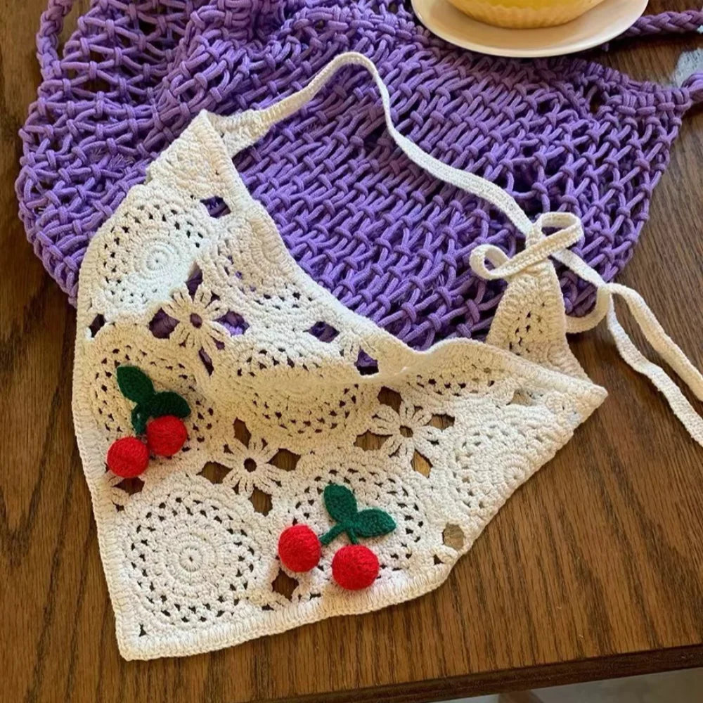 Knitted Triangle Headband Cute Little Cherry French Pastoral Style Headband Towel Handmade Crochet Headscarf Hat Girls Quake