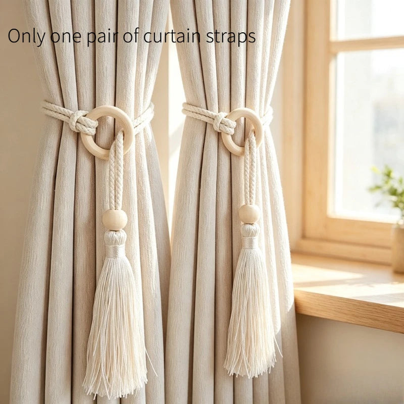 Wooden Ring Tassel Curtain Tiebacks Hand Woven Cotton Rope Curtain Holdbacks Adjustable Curtain Straps Home Decorations Quake A